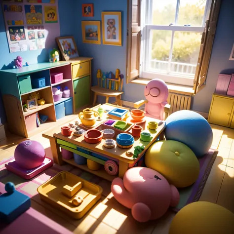 a lively children's room with a puzzle laid out on a table, surrounded by a chaos of toys, the morning light from the window hig...