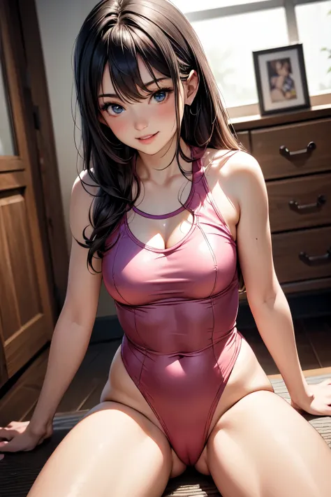 very cute and beautiful girl,(highly detailed beautiful face),(pink leotard:1.2),sleeveless,(laugh),blush, sitting on training mat in wooden gym,(spread legs:1.12),cowboy shot,hair band,black hair,looking at viewer, (best quality,masterpiece:1.2),absurdres...