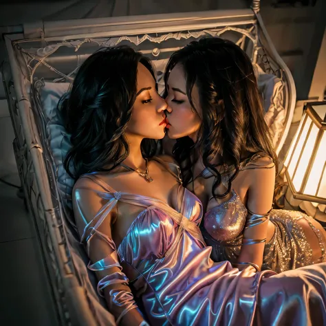 two girl kissing,,(bright lighting,romantic setting),dreamy background,,dark hair, mesmerizing gaze, , soft skin, alluring beauty, artistic portrait, high-quality image, vibrant colors,translucent long silk gown, mosquito net, lying down, romantic bedroom,...