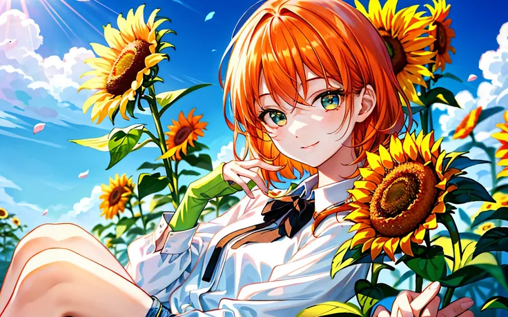 highest quality、perfect face、very detailed、very delicate、男alone, detailed face、golden ratio face、Gentle sunlight falls on my face,white collared shirt、ブルーのshorts、shorts、jeans、summer、Sunflowers are in full bloom、orange hair、medium hair、center division、green...