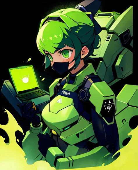 ninja girl with green mech suit, holding laptop, completely empty & black background