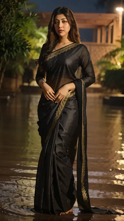 Sonarika bhadoria is standing,she has a well-shaped fair body,she is wearing a black saree,she has open & thick wet hair which reach till her waist,she is standing delicately,there are a river around her, light of moonlight is falling on the body,dark them...