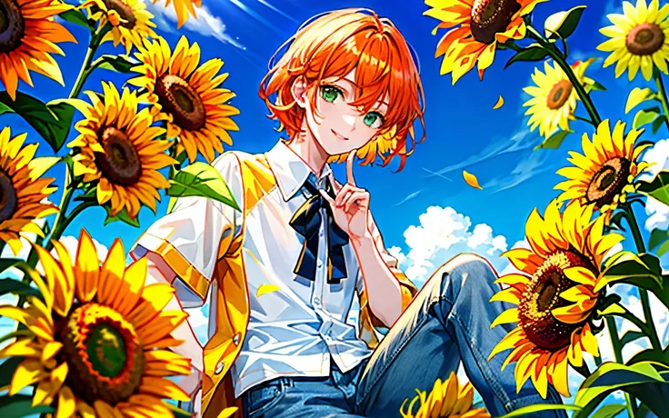 highest quality、perfect face、very detailed、very delicate、男alone, detailed face、golden ratio face、Gentle sunlight falls on my face,white collared shirt、ブルーのshorts、shorts、jeans、summer、Sunflowers are in full bloom、orange hair、medium hair、center division、green...