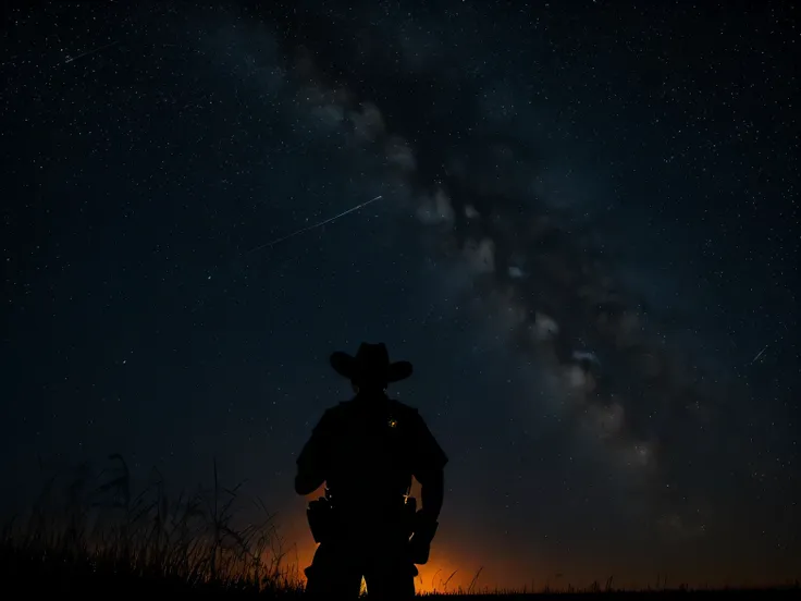 At night in the wild prairies with millions of stars in the sky in the background, the silhouette of a sheriff man appears fabulously. 