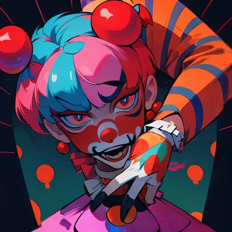 a glitchy, clown, demon, in a glitchy circus, glitchy clown demon