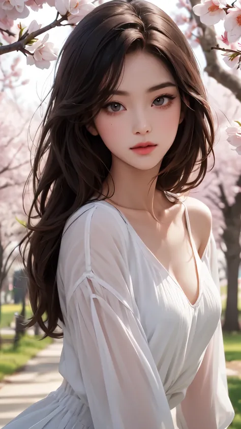 Girl, long brown hair, gray eyes, sharp features, white skin, cherry lips, soft and delicate, spring fashion