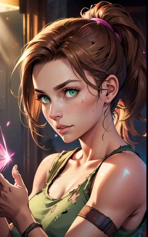 (((Best Quality)), ((Masterpiece)), (Detailed:1.4), 1women, solo, brown hair, Green eyes, pony tail, glowing eyes, , a perfect face, pink torn top, torn shorts, Morning lighting, Casting magic spells, The magic of the wind, Ethereal luminous aura,), big br...