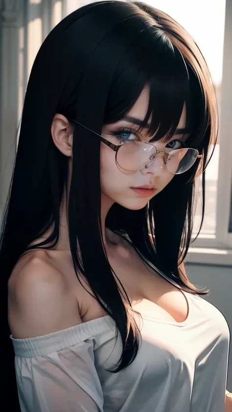 (Best quality:1.1), (Masterpiece:1.2), Highqualityshadow, Beautiful detailed, Beautiful face, Detailed eyes, Off-the-shoulder attire，Depth of field, A high resolution, Best shadow, Best illumination, 1girll, view the viewer, （black color hair:1.3)，long det...