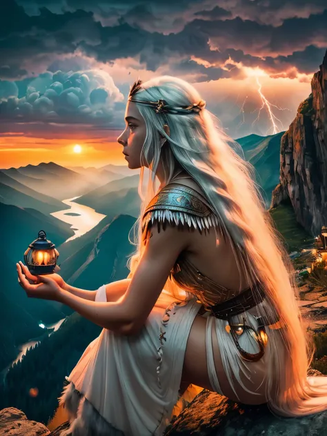 BEAUTIFUL WOMAN on the mountain, sunset sky, red sunset clouds, sunset, long hair in the wind, eagle feathers, eagle queen, goddess dressed in eagle feathers, fantasy, overexposure, perfect eyes, metallic colors, surreal art, body full, bare feet, view of ...