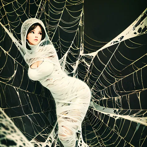 best quality,ultra-detailed,classroom,photorealistic,hanging,spiders in the web,long spider legs,beautiful girl,desperate struggle,entangled,despair,cocoon