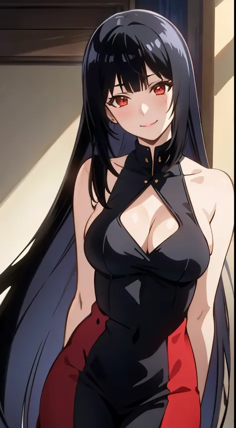 Jabami Yumeko,anime, long hair, dull bangs, red eyes, black cheongsam dress,necklace,earrings,Makeup,natural lip,smile,blush,beautiful face,beautiful middle breasts, venue,skin luster,１with people,
highest quality,High resolution,super fine,Illustration On...