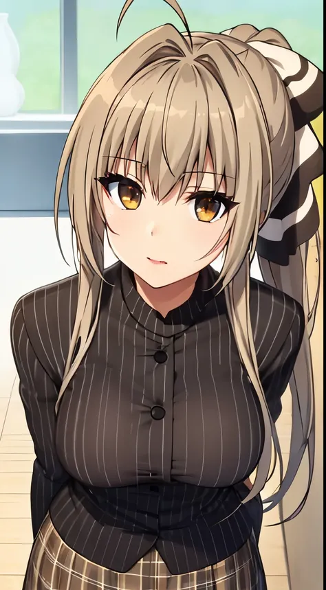 anime anime video,girl１people, １in people, sento isuzu, brown hair, long hair, antenna hair, ponytail, brown eyes, pinstriped su...