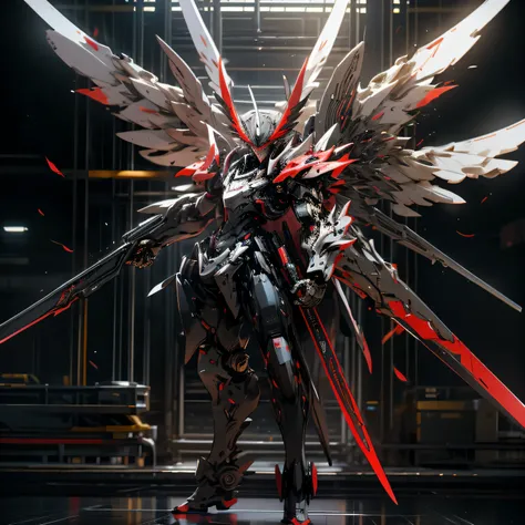 robot, black and red, meca wings behind, holding weapons, 4k, high quality, high resolution.