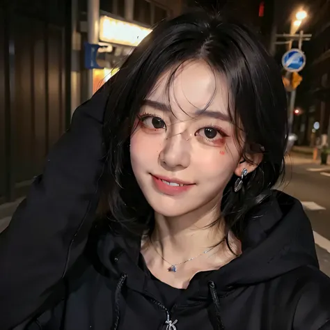 ((highest quality、8K、masterpiece:1.3))、self snap、beautiful woman with perfect figure:1.4、、hoodie、black hair、smile、beautiful teeth、necklace around neck、ear piercing、dark eyeliner、in the street、Highly detailed face and skin texture、detailed eye、double eyelid...