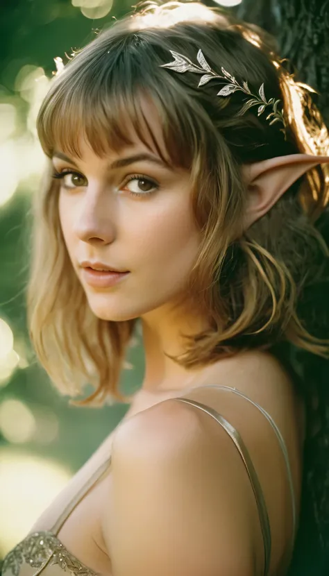 analog film photo, photo of a elven girl, mid-twenties, (vintage undergarments:1.1), elf, elf ears, long pointy ear tips, shaggy bob haircut, light-brown sun-tanned skin, sweaty, pretty, natural beauty, resembles Taylr Swift, RAW Photograph, dslr, soft lig...