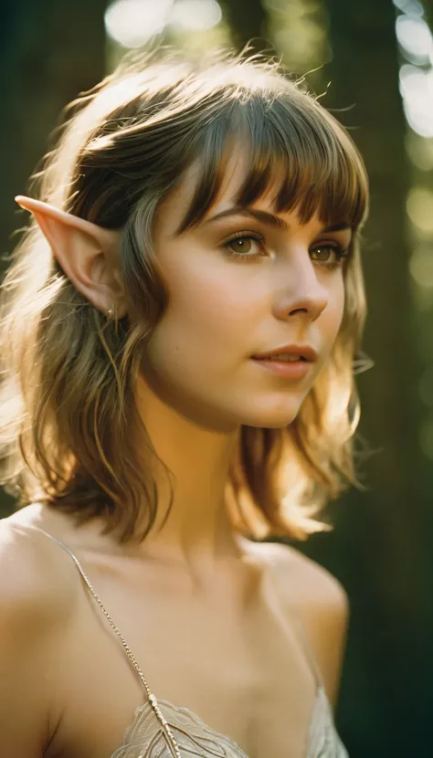 analog film photo, photo of a elven girl, mid-twenties, (vintage undergarments:1.1), elf, elf ears, long pointy ear tips, shaggy bob haircut, light-brown sun-tanned skin, sweaty, pretty, natural beauty, resembles Taylr Swift, RAW Photograph, dslr, soft lig...