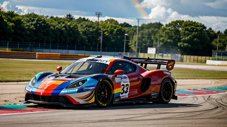 Rainbow-colored racing car on the race track