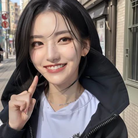 ((highest quality、8K、masterpiece:1.3))、self snap、beautiful woman with perfect figure:1.4、、hoodie、black hair、smile、beautiful teeth、necklace around neck、ear piercing、dark eyeliner、in the street、Highly detailed face and skin texture、detailed eye、double eyelid...