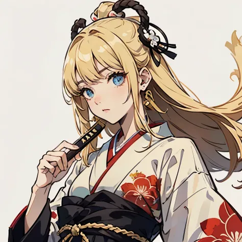 1 garota,Melhor qualidade, obra de arte, high resolution, 1 garota espadachin, sozinha, com roupas japonesas, katana in hand, her hair is long blonde, seus olhos escuros, seu cabelo preso com presilhas e joias, aldeia japonesa no fundo com nenhuma pessoa.