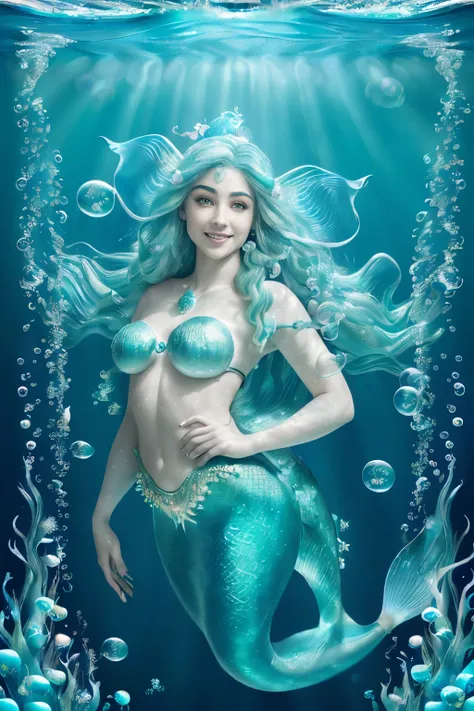 Beautiful Mermaid, (Underwater scene:1.3), Solo, European Mythological Creature, Long flowing green and blue mermaid hair, Detailed and shimmering fish scales, ((Attractive face with enchanting smile:1.2)), ((Bubbles surrounding body:1.3)), ((Realistic mer...