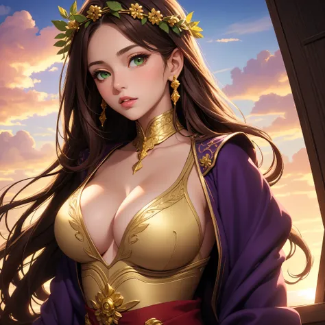 (masterpiece, best quality), intricate details, beautiful 30 year old woman, brown hair, green eyes, purple empress robes, revealing, big breasts, long flowing hair, pretty lips, sunset sky background, sexy, bright, upper body, gold wreath, sexy