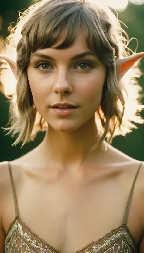 analog film photo, photo of a elven girl, mid-twenties, (vintage undergarments:1.1), elf, elf ears, long pointy ear tips, shaggy bob haircut, light-brown sun-tanned skin, sweaty, pretty, natural beauty, resembles Taylr Swift, RAW Photograph, dslr, soft lig...