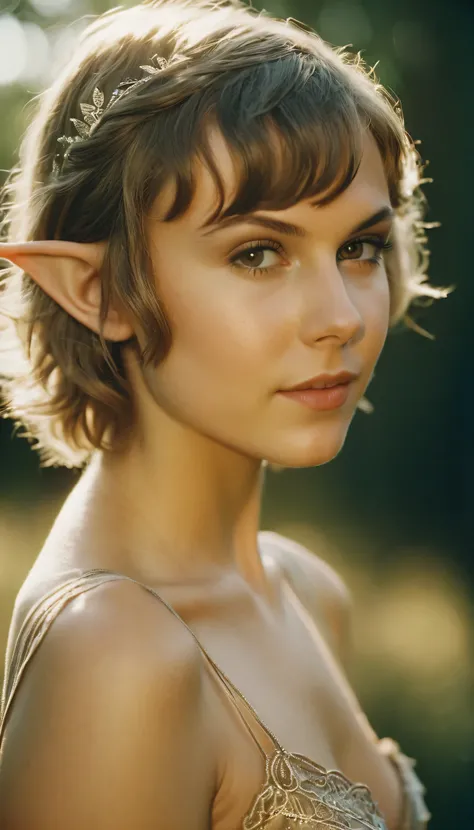 analog film photo, photo of a elven girl, mid-twenties, (vintage undergarments:1.1), elf, elf ears, long pointy ear tips, shaggy bob haircut, light-brown sun-tanned skin, sweaty, pretty, natural beauty, resembles Taylr Swift, RAW Photograph, dslr, soft lig...