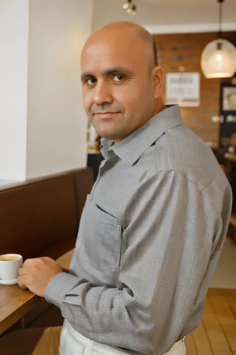 man of approximately 40 years old, brown eyes and hair, almost bald hair, smooth face. RAW photo (face detail), a full-length photo of a normal body, casual and sophisticated clothes, natural skin, standing in a cafe in Paris drinking coffee, high quality,...