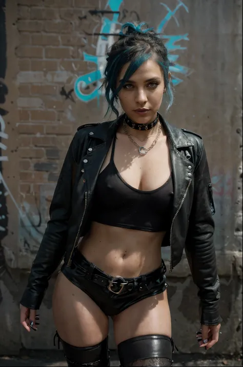 (a dark-toned,high-contrast image,)punk sorceress,leather jacket,ripped fishnet stockings,studded choker,edgy makeup,glowing green eyes,dark lips,dramatic lighting,urban graffiti background,colored smoke,electric blue hair,chain bracelet,distressed boots,s...