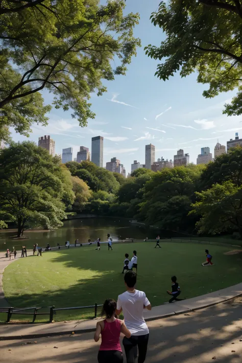 central park kids playing top view adults jogging running exercises yoga