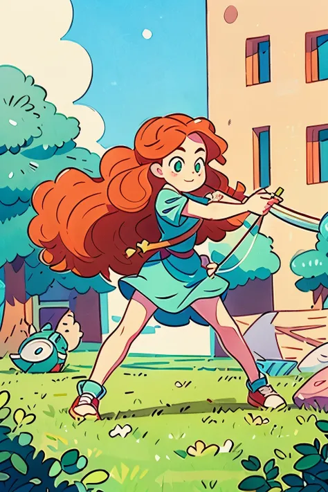 cartoon, in the style of steven universe, girl, princess merida, long hair, very curly hair, Green Eyes, archery, dressed as a link, wearing nike sneakers panorama, front