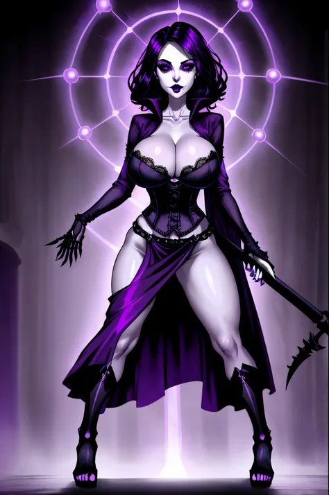 gorgeous necromancer, goth, dark mascara, cleavage, wide hips, skeletal hand, wielding purple magic, pale skin, full body shot, raising the dead, skeletons, skulls, corset, robe, skirt