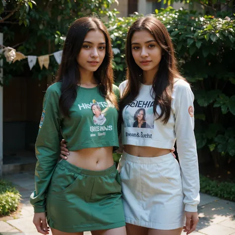 Muhammad and sadeeya wearing the same clothes with their names written on it,illustration,highly detailed characters with expressive eyes and lips,longeyelashes,2girls,beautiful,stylish clothing,standing together,smiling,green garden background,filled with...