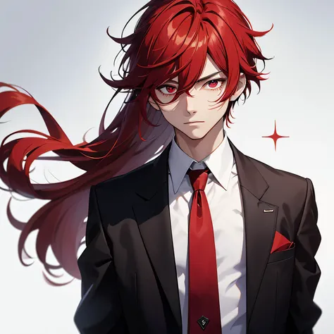 masterpiece, best quality, diluc (genshin impact), 1boy, male focus, red hair, red eyes, long hair, solo, simple background, white background, hair between eyes, bangs, closed mouth, ponytail, sparkle, looking at viewer, antenna hair, cropped shoulders, sh...