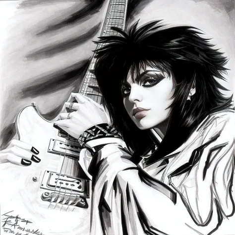 Full body drawing of Joan Jett with a guitar in her hand, Full Length portrait of Joan Jett from The Runaways, inspired by Syd Barrett, Joan Jett, ink and screentone, black and white drawing, inspired by Malcolm Morley, inspired by Tom Bonson, jean deville...