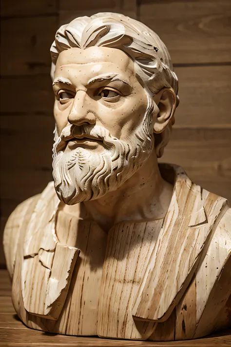 Greek statue of an elderly man with a beard and white hair holding a wooden triangle