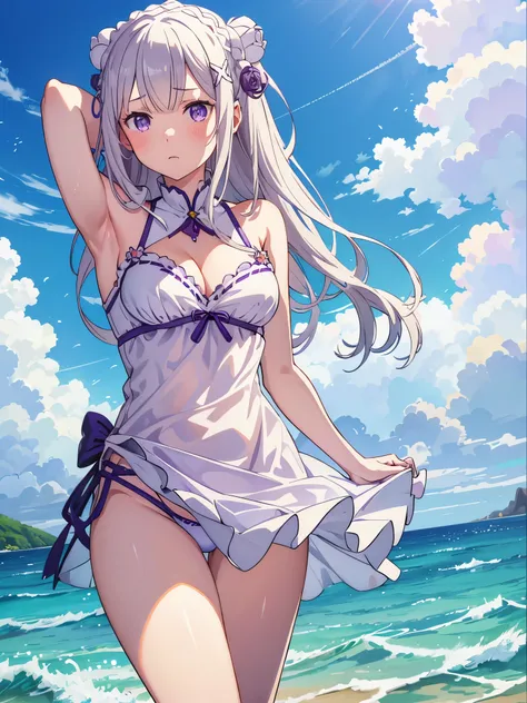 1girl in, Emilia re:zero, purple eyes, Emilia, crown braid, x hair ornament, flower hair ornament, white hair, very long hair, medium breasts, Beach,Swimsuit,Cute,blush,medium breasts⁩,cumulonimbus clouds,Best Quality++,Highest Quality++