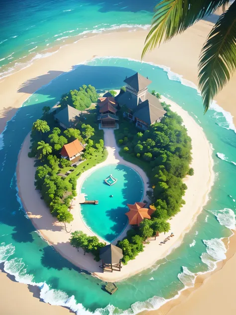 a small tropical island, resort, heart shape island, extremely detailed, high quality 8k resolution,