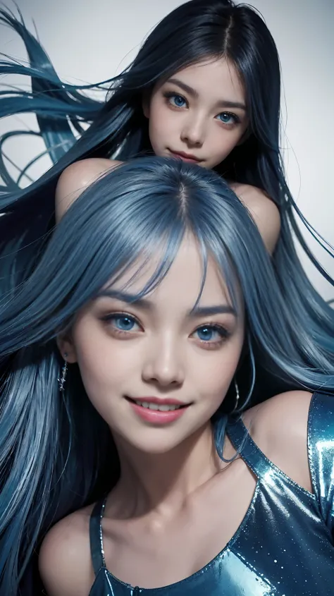 1 girl、((blue hair))、hair length、(blue eyes)、(gradient eyes)、sparkling eyes、bright eyes、finely tuned、(smile)、blue clothes、gem、blue lighting、blue theme、（shape：1.5）、abstract、highest quality、((unparalleled beauty))、Super detailed、(random pose)、(Beautiful worl...