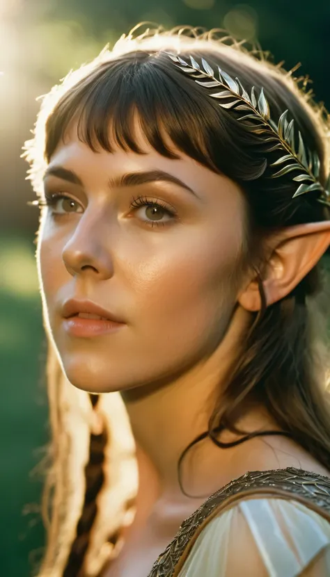 analog film photo, photo of a elven girl, mid-twenties, elf, elf ears, long pointy ear tips, light-brown sun-tanned skin, sweaty, pretty, natural beauty, resembles Mary Elizabeth Winstead, RAW Photograph, dslr, soft lighting, high quality, film grain, Fuji...