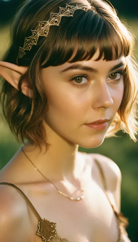 analog film photo, photo of a elven girl, mid-twenties, (vintage undergarments:1.1), elf, elf ears, long pointy ear tips, shaggy bob haircut, light-brown sun-tanned skin, sweaty, pretty, natural beauty, resembles Mary Elizabeth Winstead, RAW Photograph, ds...