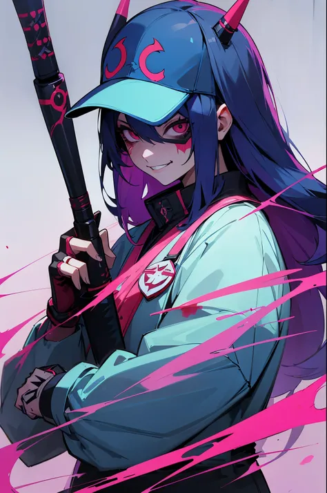 A teenager girl, (cyber style mask), killer, ((holding a bloodstained baseball bat)),evil smile, high detail, 4K, wallpaper, (((anime style)))
