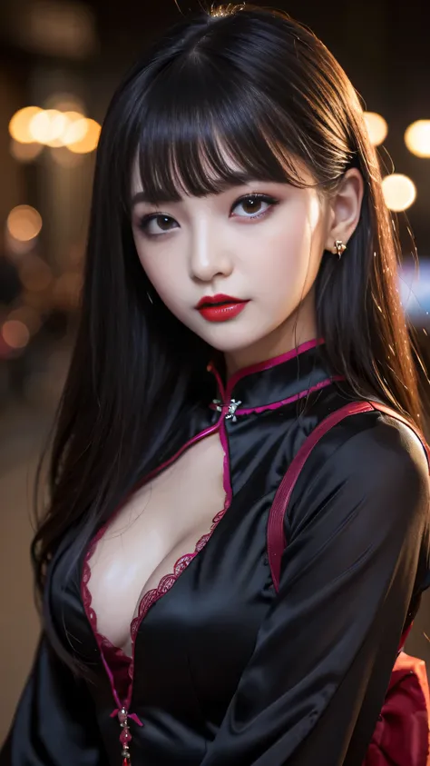 detailed、Japanese、charming beauty、seductive adult woman、Beautiful woman、sharp eyes、cool girl、wavy hair、flowing bangs、long black cheongsam、wide sleeve、evilの幹部、evil depravity、brainwashing、Mind control、lipstick、lip gloss、grin、evilな表情、evil、empty eyes、evil、nigh...