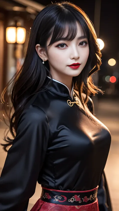 detailed、Japanese、charming beauty、seductive adult woman、Beautiful woman、sharp eyes、cool girl、wavy hair、flowing bangs、long black cheongsam、wide sleeve、Tight Skirt、evilの幹部、evil depravity、brainwashing、Mind control、lipstick、lip gloss、grin、evilな表情、evil、empty ey...