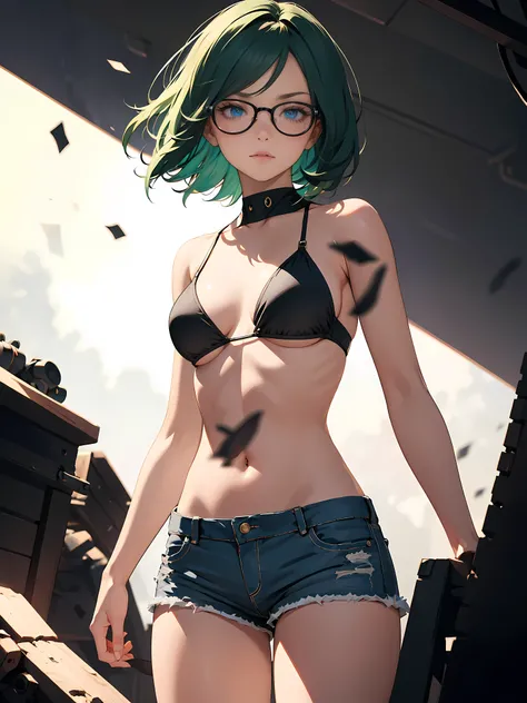 ((1girl)), one beautiful girl, detailed beautiful hair, detailed beautiful eyes, short green hair, glasses, black bikini top, jean shorts, standing, dramatic pose, cowboy shot, cinematic lighting, dramatic lighting,