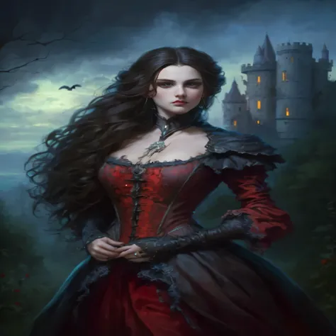 arafed image of a woman in a red dress with a castle in the background, ((Big Breasts)), ((HUGE Breasts)), ((PERFECT HANDS)), dark fantasy style art, fantasy genre portrait, gothic fantasy art, portrait of a lady vampire, artstyle tom bagshaw, dark fantasy...