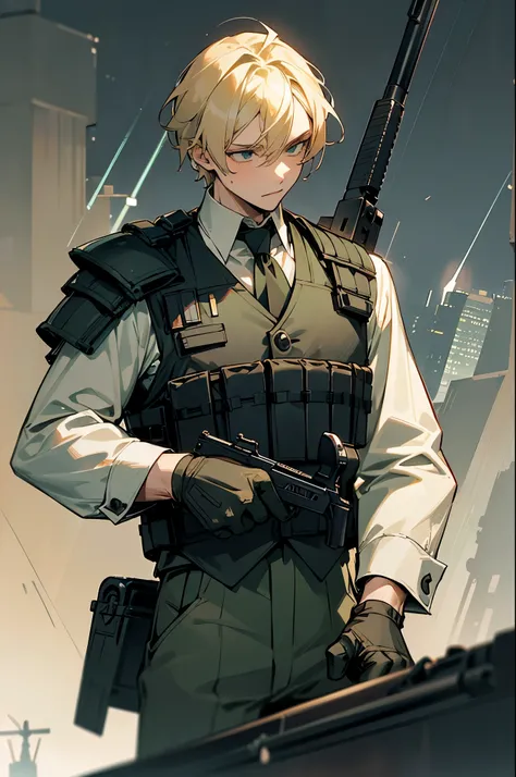 young man, medium blonde hair, 20s, black bulletproof vest, green army combat shirt, holding a submachine gun, in a thunderstorm, towers in the background
