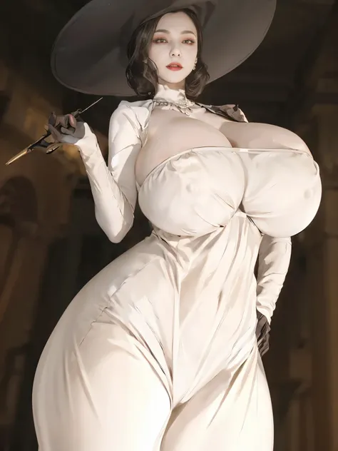 araffe woman in a white dress and hat holding a wand, Lady Dimitrescu, thicc, commission for high res, [ 4 k digital art ]!!, breasts covered and sfw, lady dimitrescu, with a large breasts, covered sfw huge breasts, sie boob, fullbody commission for, thicc...