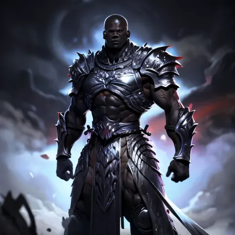 Black man, muscles, big jaw, evil, armor