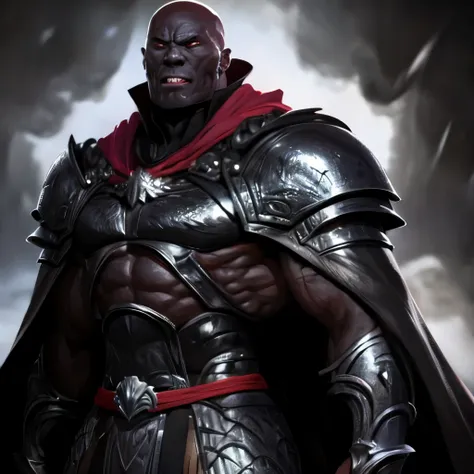 black man, muscles,  big jaw, evil, armor, bald, cape